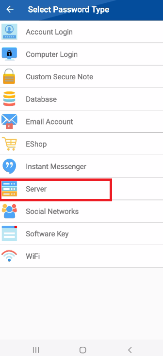 A screenshot of the "Select Password Type" menu in the Folder Lock mobile app, with a red box highlighting the "Server" option, indicating the user is selecting this category for their password entry.