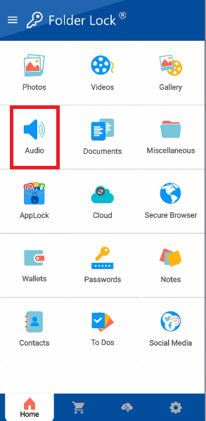 A screenshot of the main features menu in the Folder Lock mobile app, with a red box highlighting the "Audio" icon, which is the entry point for the audio protection feature.