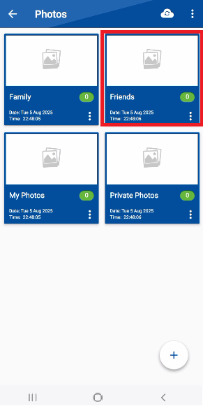 A screenshot of the "Photos" section in the Folder Lock mobile app, showing various folders. A red box highlights the "Friends" folder, indicating it has been selected for storing photos.