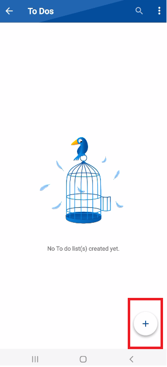 A screenshot of the empty "To Dos" screen in the Folder Lock mobile app, with a red box highlighting a plus (+) icon, which is used to create a new to-do list.