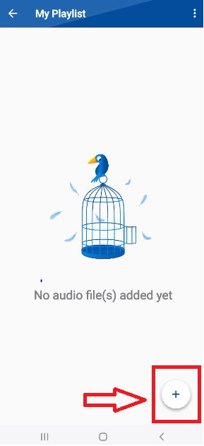 A screenshot of the "My Playlist" folder in the Folder Lock app, with a red box and arrow highlighting a plus (+) icon in the bottom right corner, used to add new audio files.