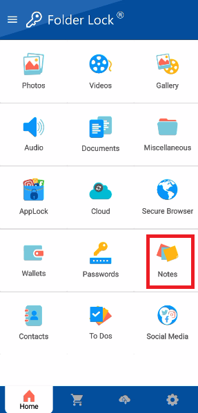 A screenshot of the main features menu in the Folder Lock mobile app. A red box highlights the "Notes" icon, which is the entry point for the secure notes feature.
