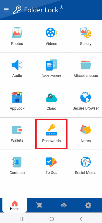 A screenshot of the main features menu in the Folder Lock mobile app, with a red box highlighting the "Passwords" icon, which is the entry point for the secure password manager.