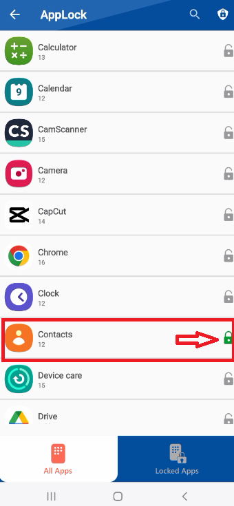 A screenshot of the "AppLock" screen in Folder Lock, with a red box and arrow highlighting the "Contacts" app and its lock icon, which a user taps to lock the application.