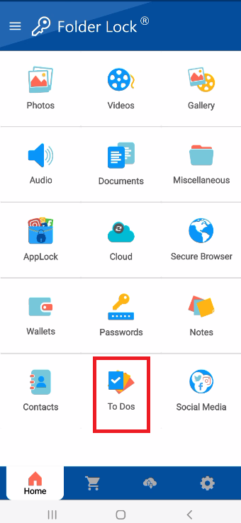 A screenshot of the main features menu in the Folder Lock mobile app, with a red box highlighting the "To Dos" icon, which is the entry point for the secure to-do list feature.