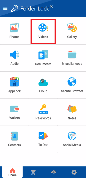 A screenshot of the main features menu in the Folder Lock mobile app, with a red box highlighting the "Videos" icon, which leads to the video protection section.