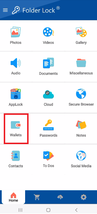 A screenshot of the main features menu in the Folder Lock mobile app, with a red box highlighting the "Wallets" icon, which is the entry point for the secure digital wallets feature.