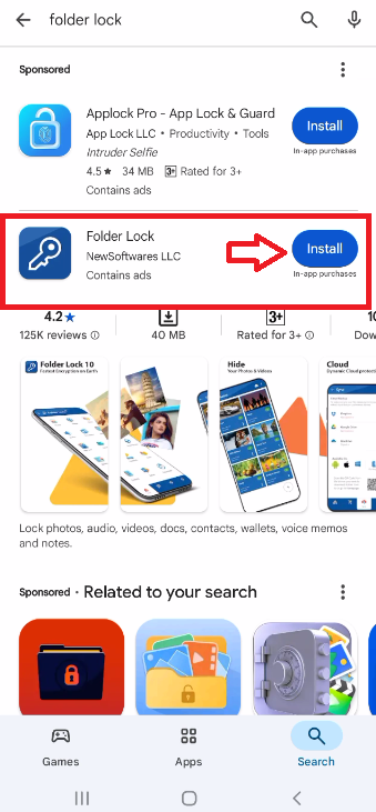 A screenshot of the Google Play Store search results, with a red box and arrow highlighting the "Install" button for the official "Folder Lock" app.