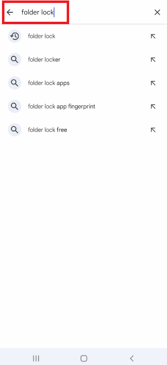 A screenshot of the Google Play Store search bar, with a red box highlighting the text "folder lock" typed into the search field, ready to be searched.
