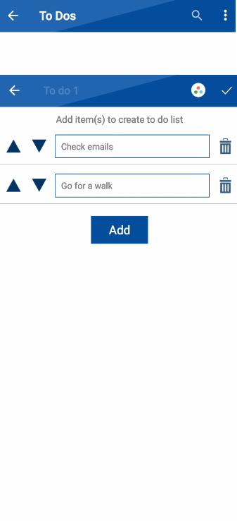 A screenshot of the "Add item(s) to create to do list" screen in the Folder Lock app, with fields showing "Check emails" and "Go for a walk," and a blue "Add" button to add more tasks.