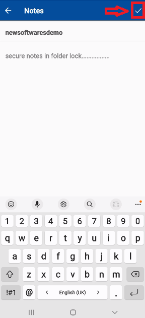 A screenshot from the Folder Lock app's note-taking interface. The note has been written and a red box and arrow highlight a checkmark icon in the top right corner, which is the "Save" button.