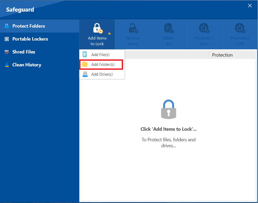 A screenshot of Add Folder protecting Folder in Folder Lock