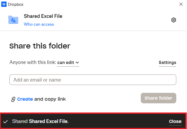 Click Close Sucessfully Shared Excel File using Dropbox of Folder Lock