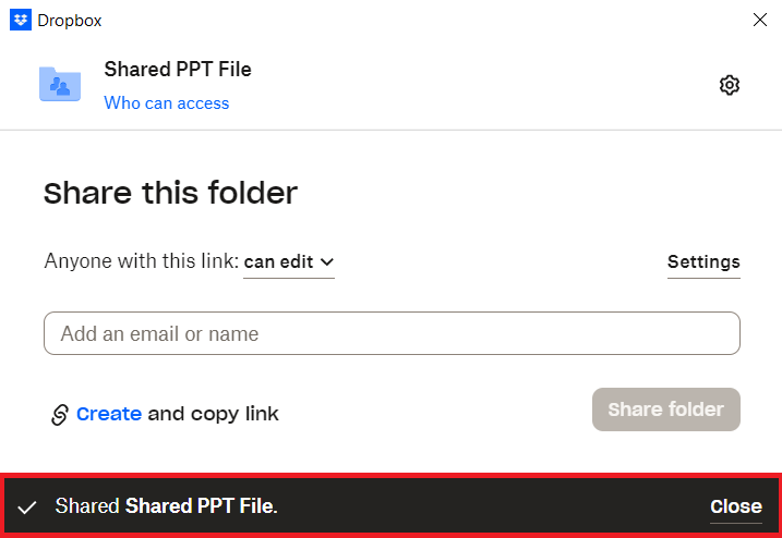 Click Close Sucessfully Shared PPT File using Dropbox of Folder Lock