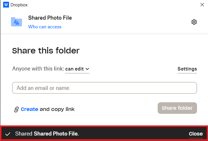 Click Close Sucessfully Shared Photo File using Dropbox of Folder Lock
