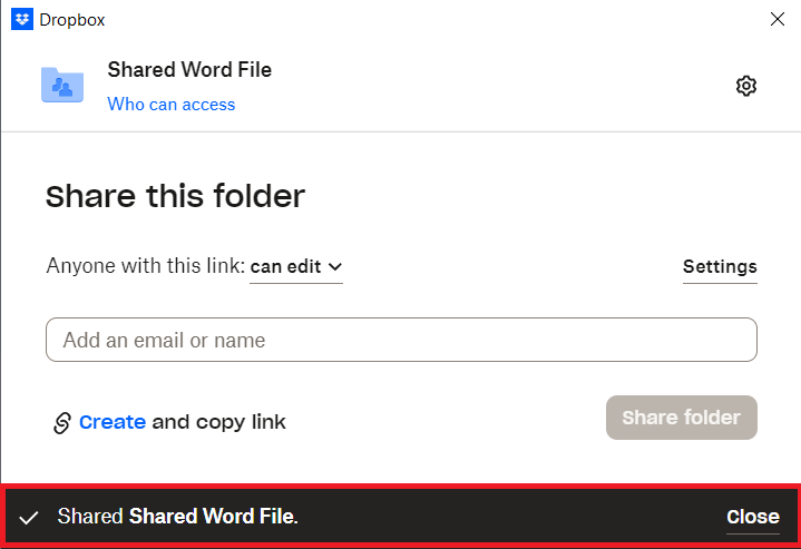 Click Close Sucessfully Shared Word File using Dropbox of Folder Lock
