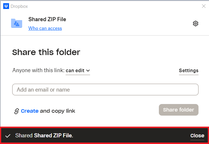 Click Close Sucessfully Shared ZIP File using Dropbox of Folder Lock