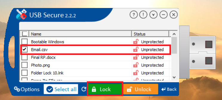 Click Lock to lock Excel file from USB Secure application