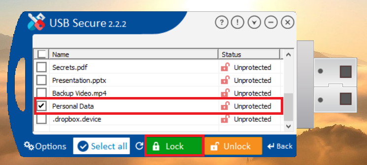 Click Lock to lock Presentation File from USB Secure application