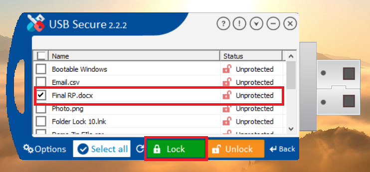 Click Lock to lock MS Word document from USB Secure application