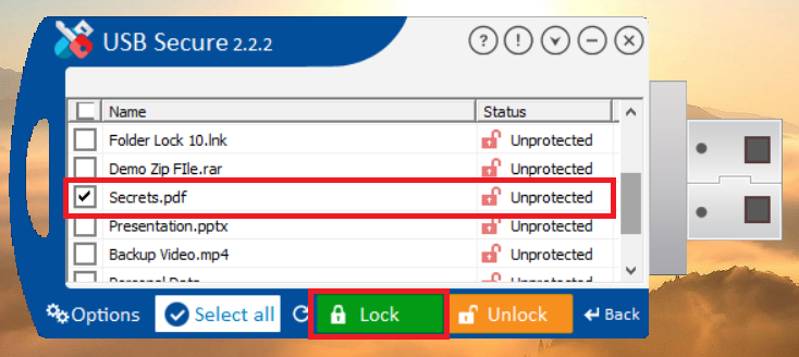Click Lock to lock PDF file from USB Secure application
