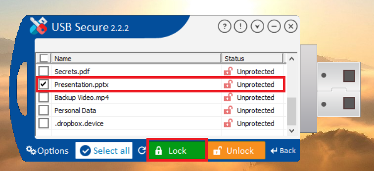 Click Lock to lock Presentation File from USB Secure application