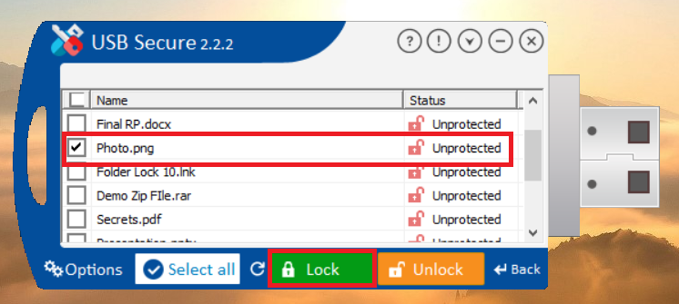 Click Lock to lock Photo file from USB Secure application