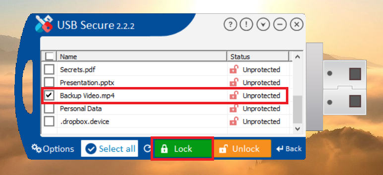 Click Lock to lock Video file from USB Secure application