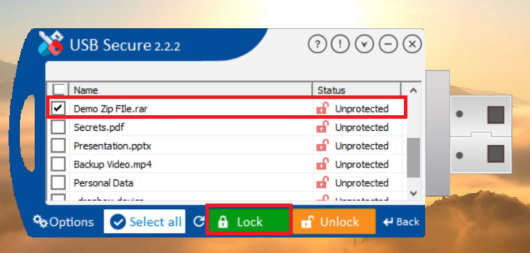 Click Lock to lock ZIP file from USB Secure application