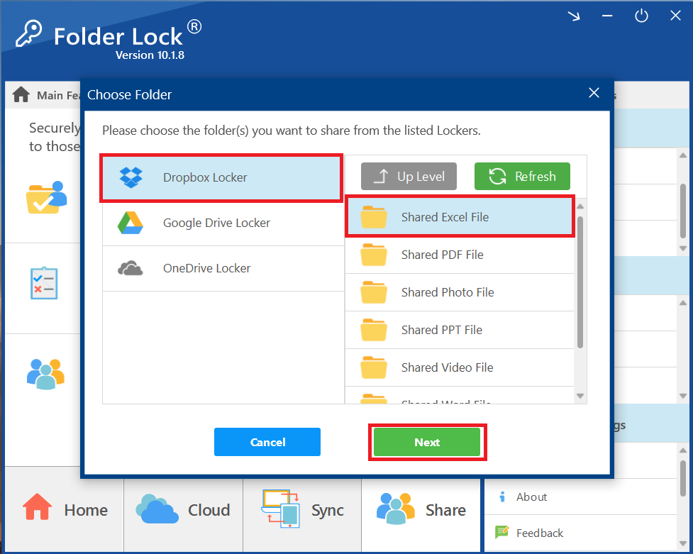 Click Next to share Folder containing Excel File Dropbox locker