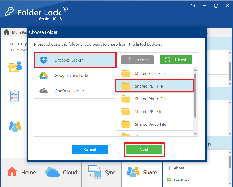 Click Next to share Folder containing PDF File Dropbox locker