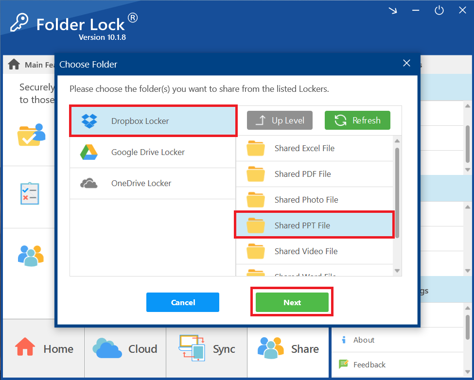 Click Next to share Folder containing PPT File Dropbox locker
