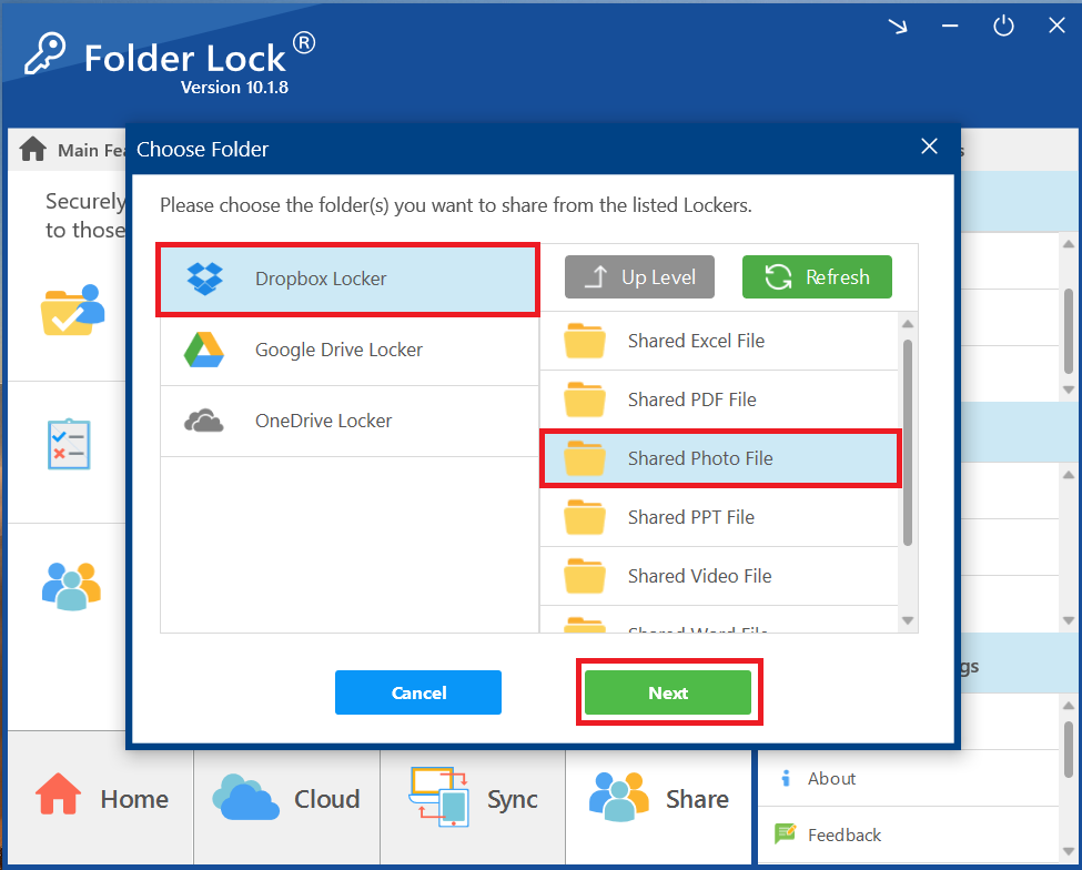 Click Next to share Folder containing Photo File Dropbox locker