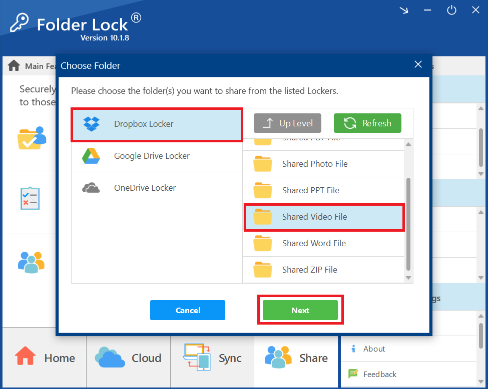 Click Next to share Folder containing Video File Dropbox locker