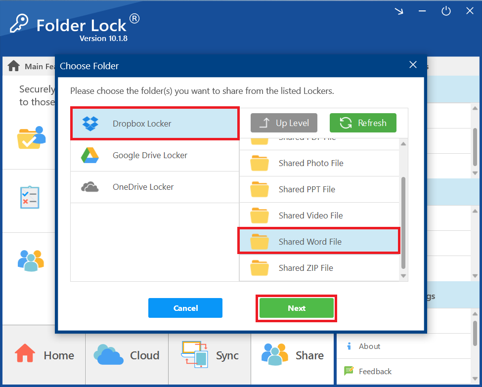 Click Next to share Folder containing Word File Dropbox locker