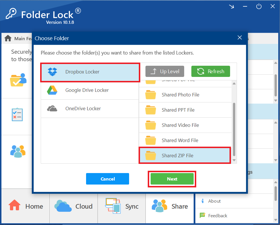 Click Next to share Folder containing ZIP File Dropbox locker