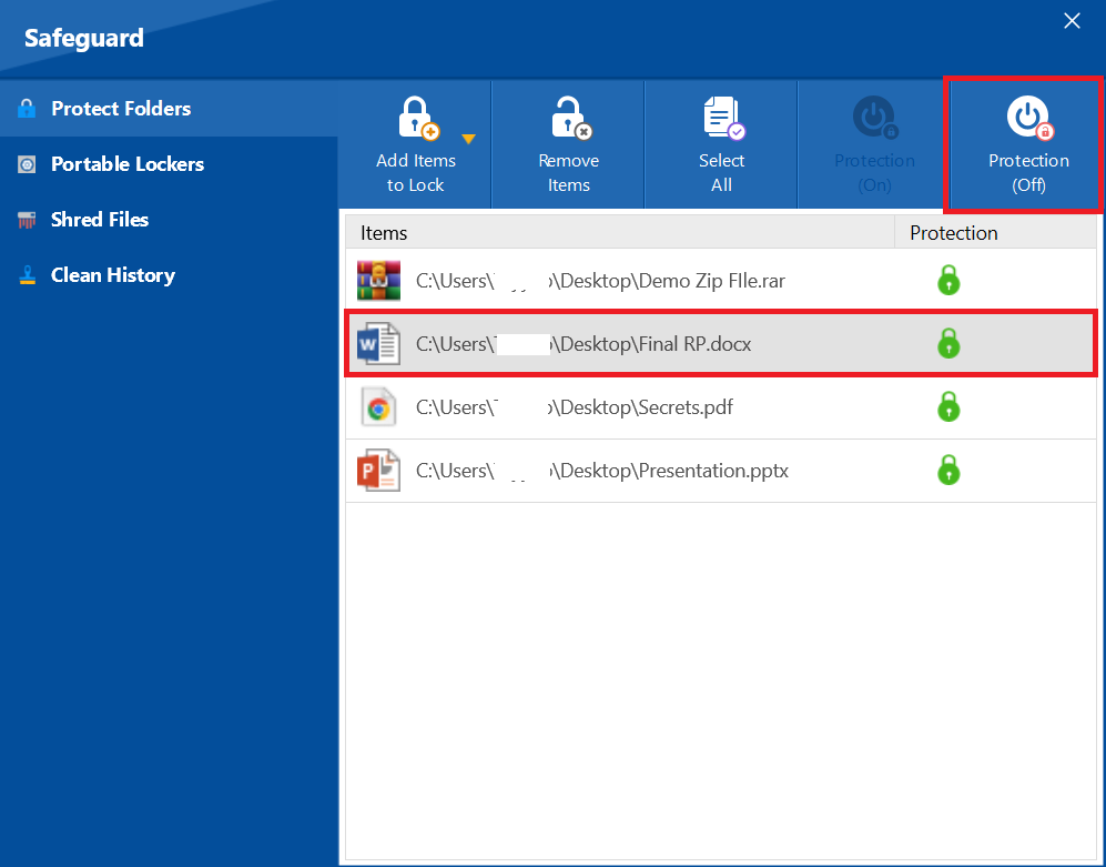 Click Protection (Off) of MS Word File to decrypt Folder Lock