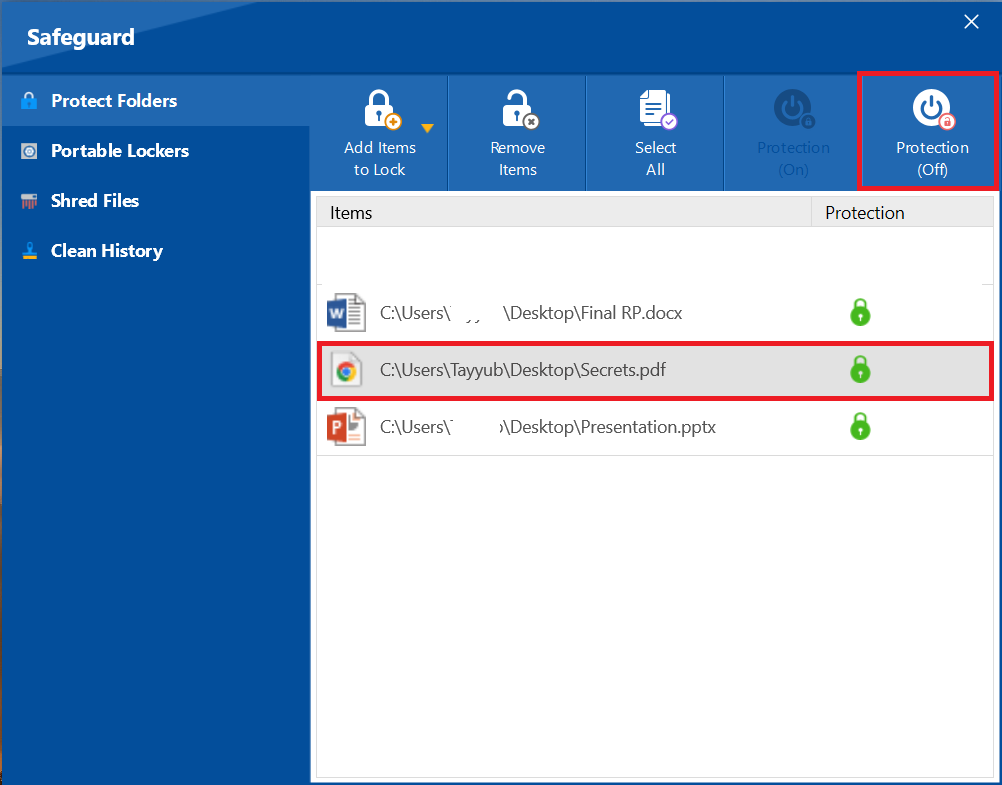 Click Protection (Off) of PDF File to decrypt Folder Lock