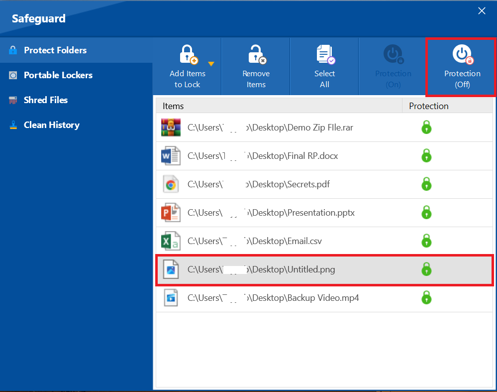 Click Protection (Off) of Photo to decrypt Folder Lock