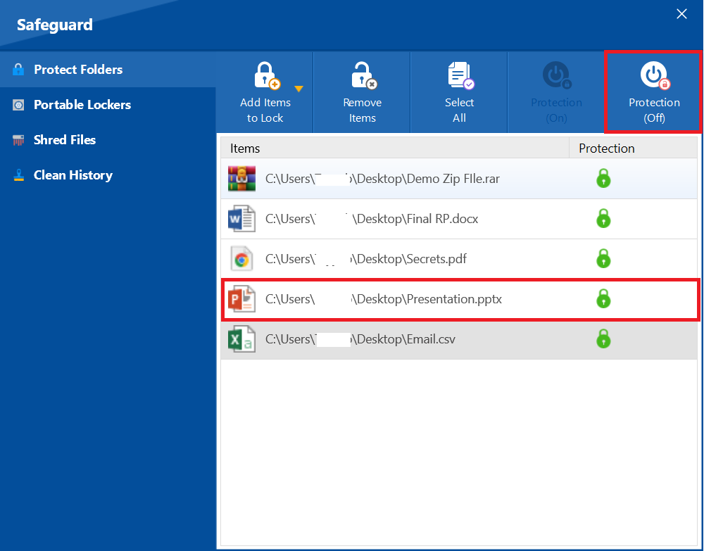Click Protection (Off) of Powerpoint File to decrypt Folder Lock