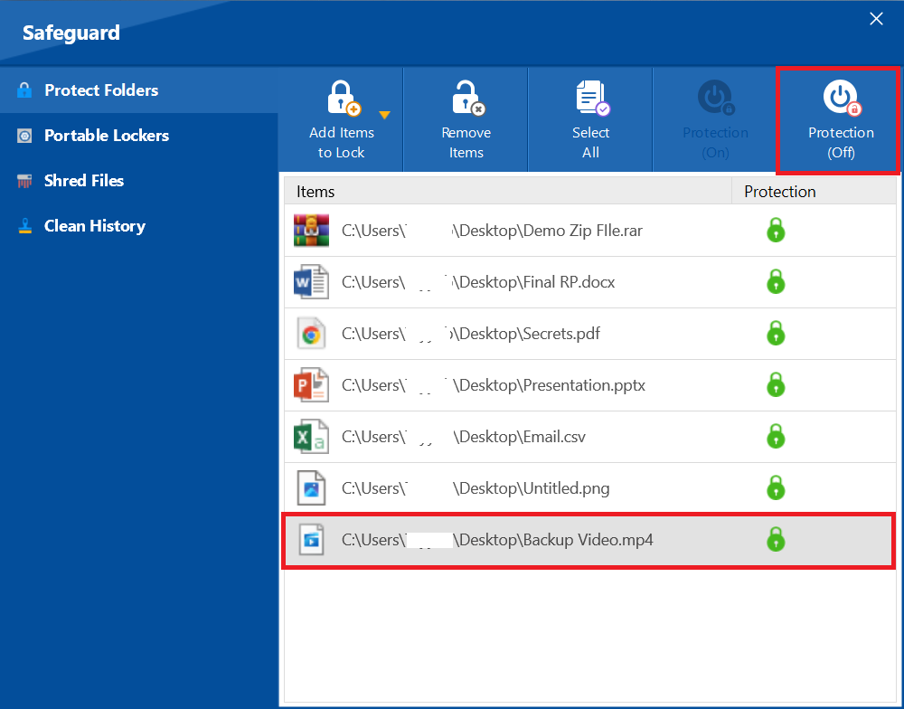 Click Protection (Off) of Video File to decrypt Folder Lock