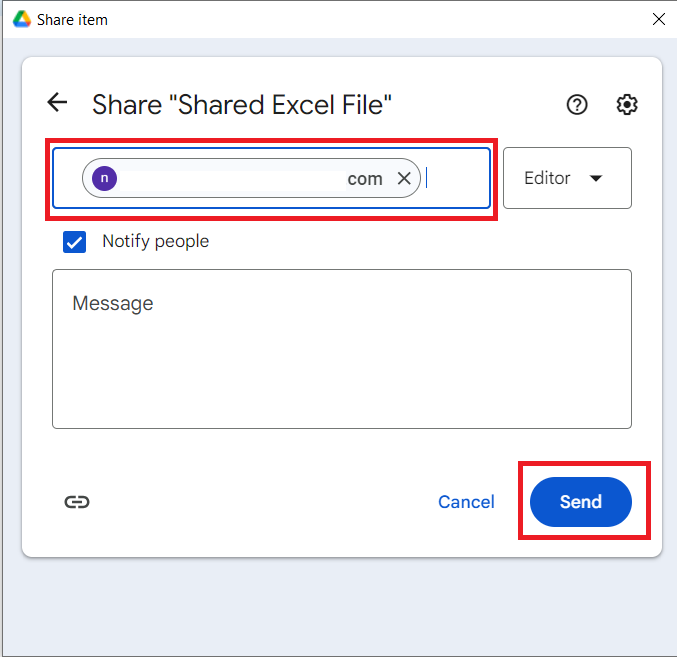 A Google Drive "Share item" window with the recipient's email entered and the "Send" button highlighted to share the protected Excel file.