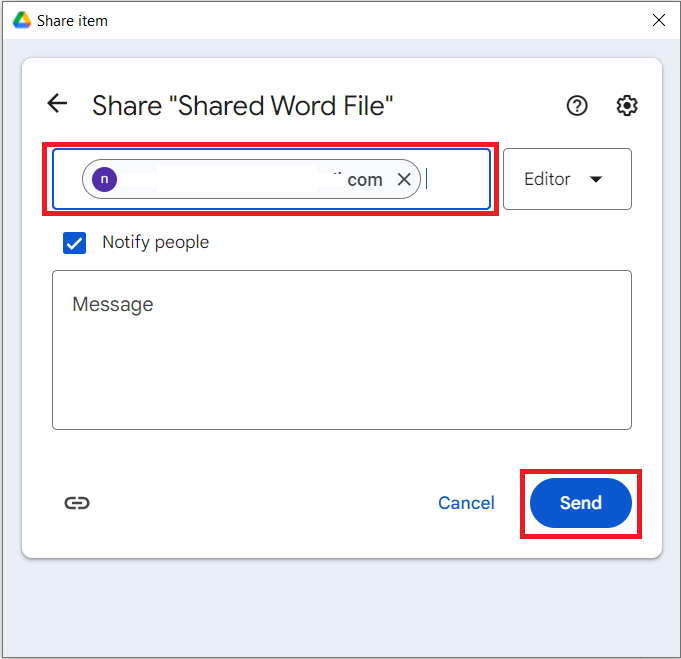 A Google Drive "Share item" window with the recipient's email entered and the "Send" button highlighted to share the protected Word file.