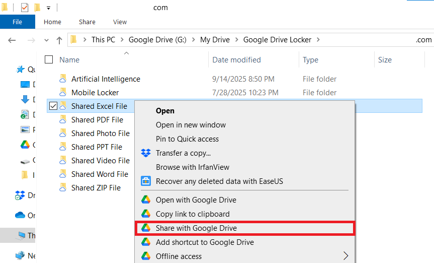 A screenshot showing a right-click menu in Folder Lock's Google Drive Locker, with the "Share with Google Drive" option highlighted to share an Excel file.