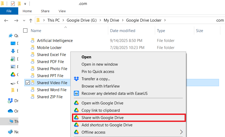 Click Share with Google Drive Video File to share Folder Lock