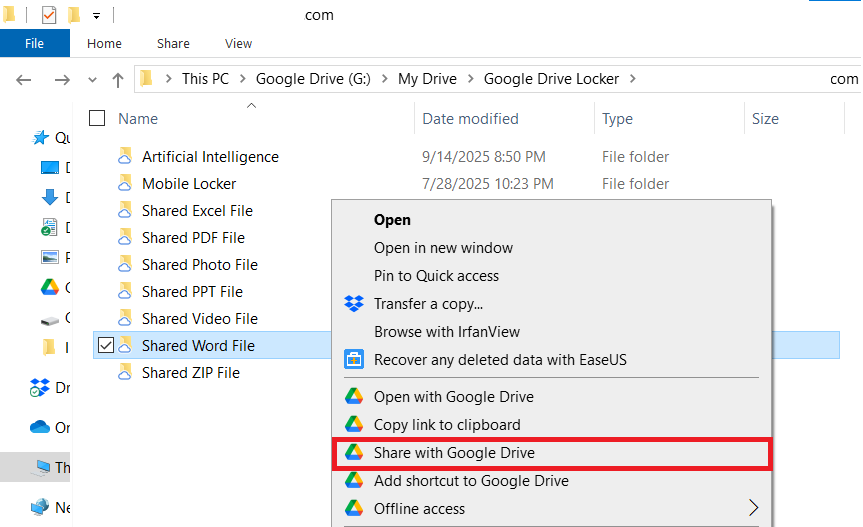 A screenshot showing a right-click menu in Folder Lock's Google Drive Locker, with the "Share with Google Drive" option highlighted to share a Word file.