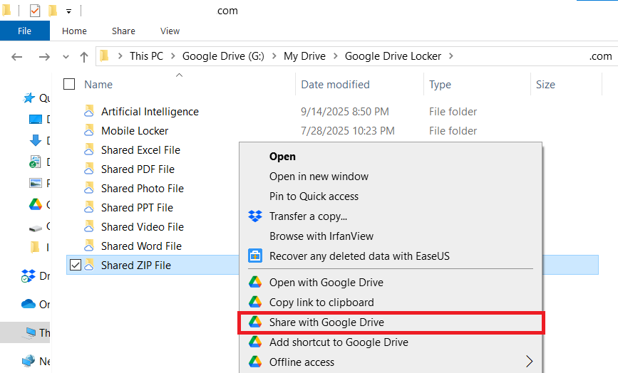 Click Share with Google Drive ZIP File to share Folder Lock
