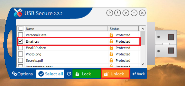 Click Unlock Excel File to unlock USB Secure
