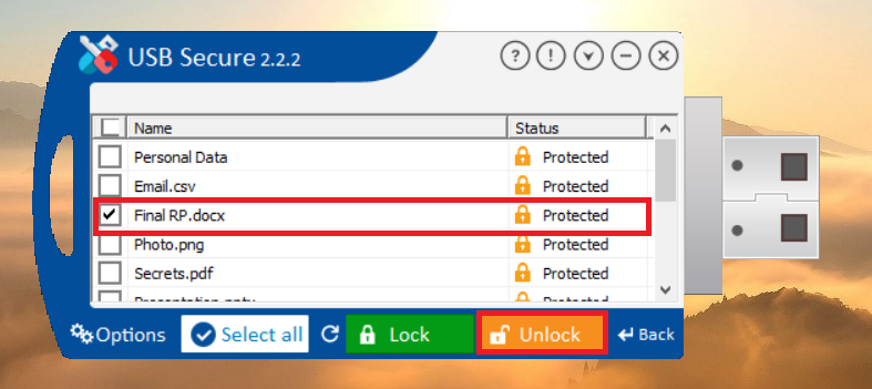 Click Unlock MS Word File to unlock USB Secure