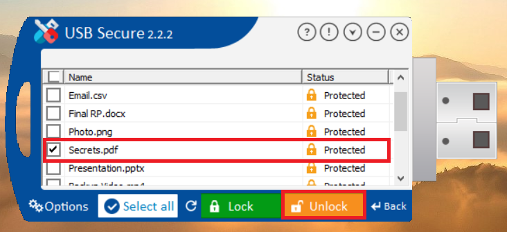 Click Unlock PDF File to unlock USB Secure